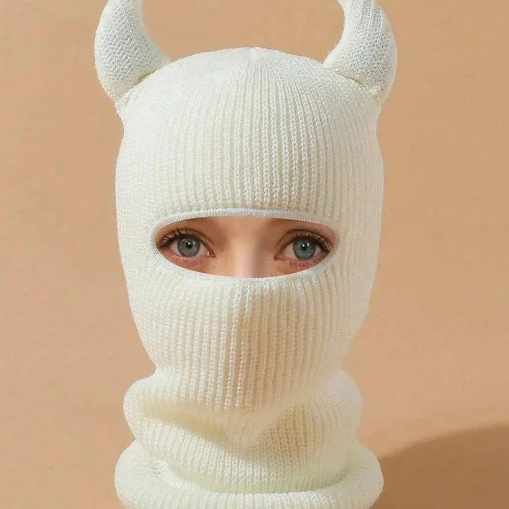 New Vegan Ivory Devil Knit Balaclava Ski Mask Full Face Beanie Hat